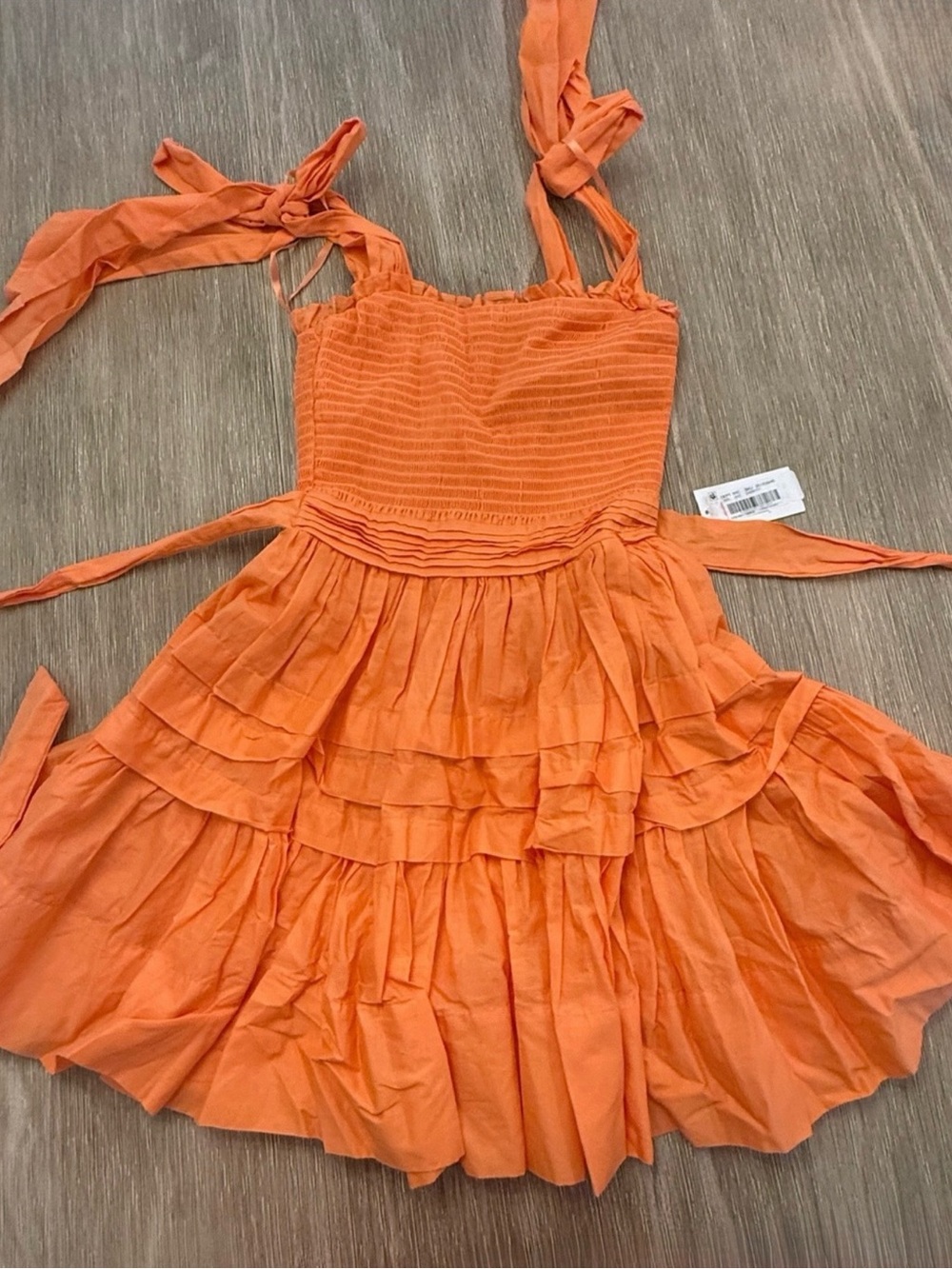 B Darlin Coral-Orange Tiered shoulder smocked mini dress tie straps NWT 1/2